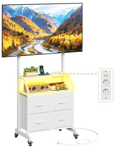 OYRREU Support TV sur roulettes avec LED et Prises Intégrées, Support TV Réglable en Hauteur avec 4 Tiroirs, Blanc