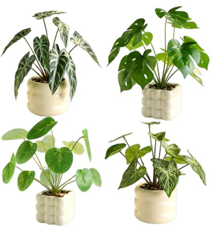 Lonwiner Juego de 4 Plantas Artificiales, 25 cm Monstera y Palmera Artificial Planta de Helecho Artificial para Decoración Mini Romero Artificial (Lavabo Beige)