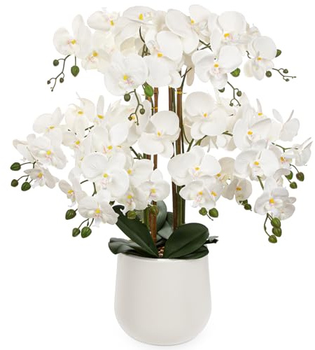 Oairse Extra Large White Orchid Artificial Flowers in Cream Resin Pot, 29.5in Lifelike Silk Orchid Arrangement Faux Phalaenopsis Plant for Elegant Home Office Table Centerpiece Décor