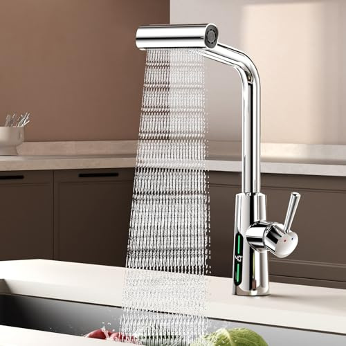 MIAOHUI Küche Armatur Ausziehbar mit Temperaturanzeige, Chrom | 4 Modi Wasserhahn Küche Ausziehbar, Einhebel Mischbatterie mit Brause, 360°Drehbarer Hochdruck Spülarmaturen