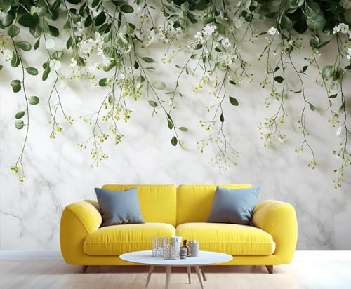 Pflanzen Grüne Blätter Blumen Ranken Kunstmarmor 3D Tapeten Tapete Luxus Home Esszimmer Fototapete Effekt Wohnzimmer Schlafzimmer Kinderzimmer-430cm×300cm