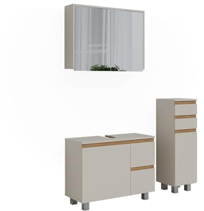 Vicco Badmöbel-Set J-Shape, Cashmere/Artisan, 80 cm, besteht aus Waschbeckenunterschrank, Spiegelschrank und Midischrank