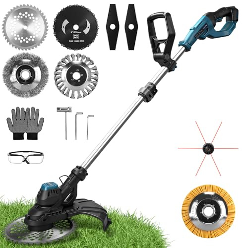 980W Akku Rasentrimmer Kompatibel mit Makita Akkus 18V| 7-IN-1 Akku Freischneider mit Unkrautbürste| 14800 U/min Bürstenloser Elektrisch Motorsense mit 7 Klingentypen für Gärten, Rasenflächen, Büsche