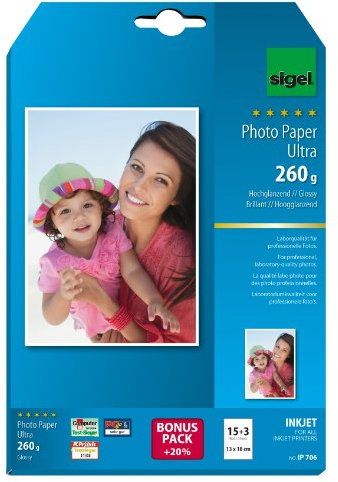 SIGEL IP706 InkJet-Fotopapier Ultra, 13x18 cm, 15 + 3 Blatt gratis, hochglänzend, extrem lichtbeständig, 260 g, für hochwertige Fotografien