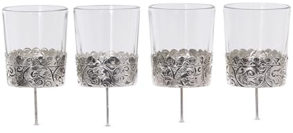 Loberon Windlicht 4er Set Pinelle, Teelichthalter aus Glas, mit Ornamenten, Advent, Weihnachtsdekoration, Weihnachten, Glas, Messing, klar/Silber