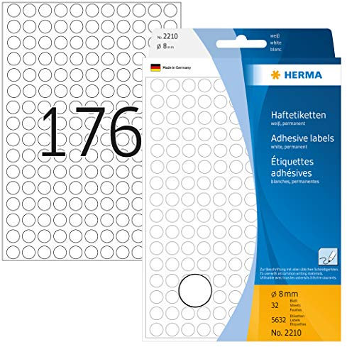 HERMA 2210 Punktaufkleber Klebepunkte weiß, 5632 Stück, Ø 8 mm, 176 pro Bogen, selbstklebend, Markierungspunkte für Kalender Planer Basteln, matt, blanko Papier Farbpunkte Aufkleber