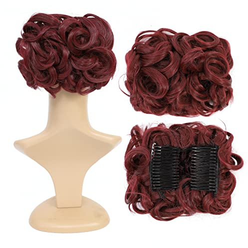 SWACC Short Messy Curly Dish Hair Bun Extension Easy Stretch hair Combs Clip in Ponytail Extension Scrunchie Chignon Tray Ponytail Hairpieces (Dark Wine Red-99J#)