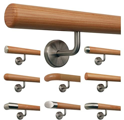 Lärche Holz Treppe Handlauf Geländer Griff gewinkelte Edelstahlhalter, Länge 30-500 cm aus einem Stück/Variante:200 cm mit 3 Halter - Enden:Radius gefräst