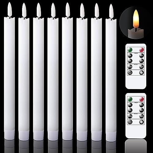 Eldnacele Flameless Flickering Taper Candles with 2 Remote Controls and Timer, Real Wax 3D Wick Light Window Candles Battery Operated Pack of 8, Christmas Home Wedding Decor(White, 0.78 X 9.64 Inch)