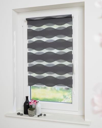 DECOLIA by Garesa Duo Rollo - Doppelrollo Klemmfix ohne Bohren 70 x 150 cm, Anthrazit Wellendesign - Fenster Sichtschutz und Lichtschutz, Mit Kettenzug