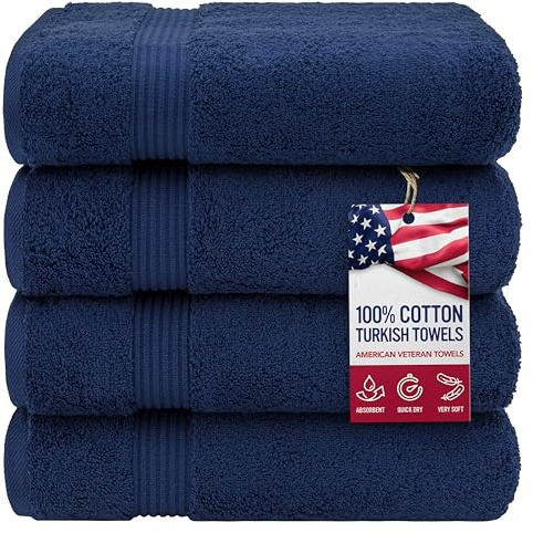 American Veteran Towel, 100% Cotton Turkish Bath Towels for Bathroom 4 Pack, 27x54 Extra Large Premium Soft Drying Bathroom Towels, Navy Blue