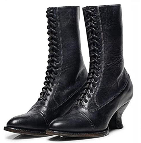 PAIDAXING Stivali da donna con lacci, lunghezza al polpaccio, stivali vittoriani da donna, in pelle, tacco Louis, stivaletti vintage da donna, stile steampunk gotico, Nero , 39 EU