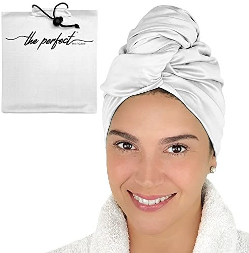 THE PERFECT HAIRCARE Mikrofaser-Handtuch für Frauen – saugfähiger, schnell trocknender Turban für nasses, lockiges und langes Haar für Damen, Mädchen und Kinder – Anti-Frizz-Weiß