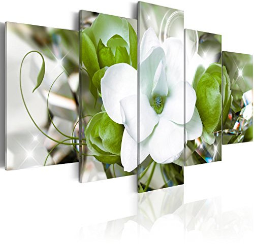 B&D XXL - Tableau décoratif nature 150x75 cm - Impression sur toile colorée - Décoration murale - Lueur cristaux colorés fleurs magnolias nature ornements plantes vert b-A-0299-b-p