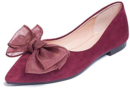 MACHSWON Womens Ballet Flats Pointed Toe Bow Faux Suede Ladies Black Slip On Ballet Pumps Dolly Shoes(Wine Red, Size 4)