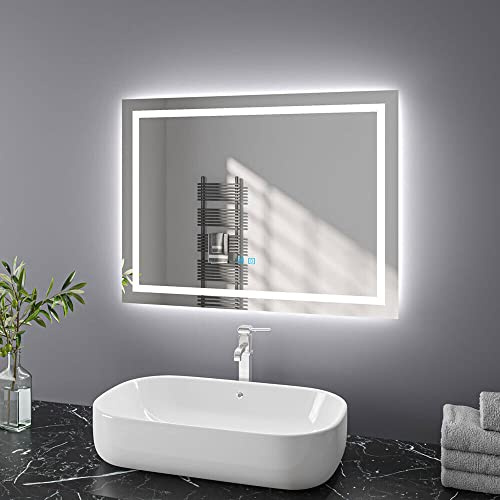 Finmrys Bathroom Mirror with LED Lights, 800 x 600 mm Illuminated Bathroom Mirror with Demister Dimmable 3 Colour Light Memory Function Horizontal/Vertical（31.5x23.62 Inch）