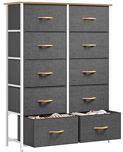 YITAHOME Kommode, Kommode mit 10 Schubladen, Stoffkommode für Schlafzimmer, Wohnzimmer, Schrank,Stabiler Stahlrahmen, Leicht zu Ziehen, Stoffkörbe und Holzoberfläche, Grau