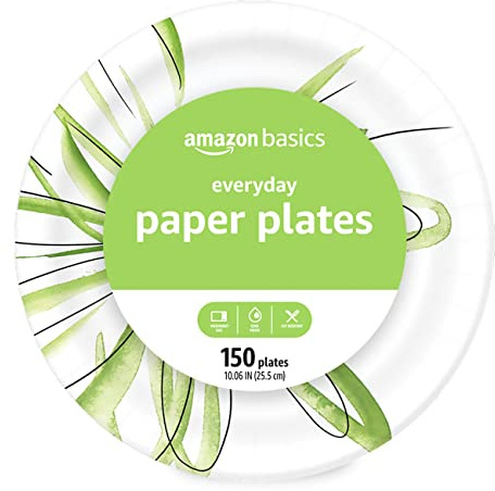 Amazon Basics Everyday Disposable Paper Plates, 10 Inch, Microwave-Safe, Cut Resistant, Soak-Proof, 150 Count