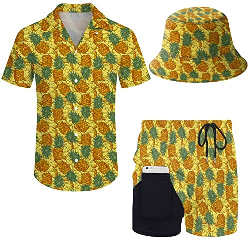 Wdpsuxin Herren 2-teiliges Hawaii-Trainingsanzug-Set mit Button-Down-Shirt und Kompressionsfutter, Shorts, Set mit Eimerhüten, Tropische Ananas, X-Large
