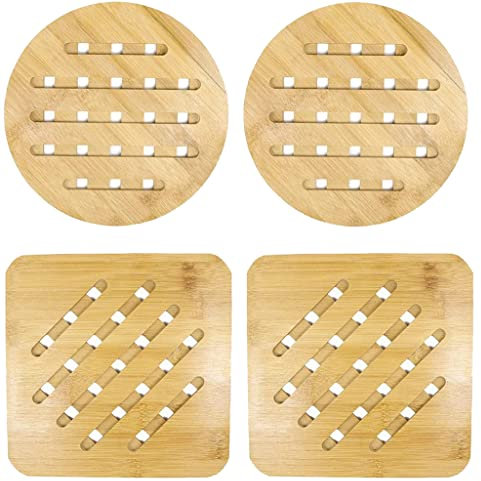 4 Stück Hitzebeständig Bambus Untersetzer，Bambus Untersetzer Abwaschbar， für Küche Schüssel Topf Pfannen kanne und Teller（15cm）.