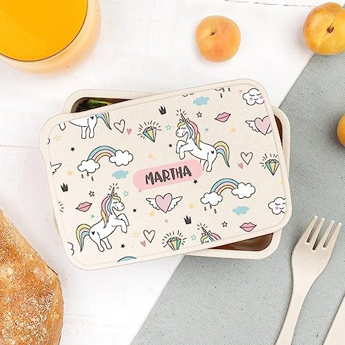 Wanapix | Fiambrera Unicornio Personalizada | Caja Merienda con Nombre para Colegio/Guardería | Comida/Almuerzo | Con Cubiertos | Sin BPA | 700ml | Unicornio