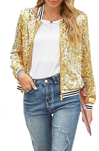 PDYLZWZY Women's Sequins Long Sleeve Front Zip Jacket with Ribbed Cuffs Sparkly Zip Up Sequins Bomber Jacket Coat, gold, 22