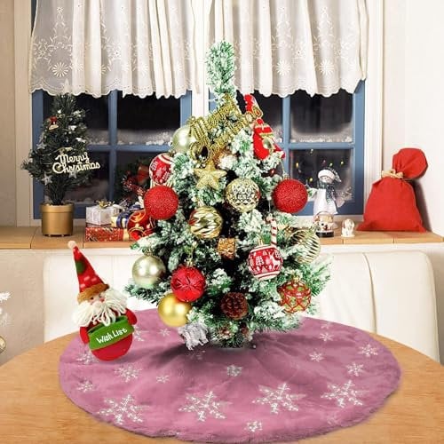 tiosggd Mini jupe de sapin rose de 61 cm en fausse fourrure avec flocon de neige à paillettes argentées, tapis de sapin en fourrure moelleuse pour décoration de table, arbre de printemps, mariage
