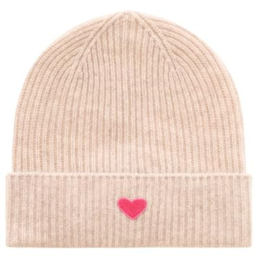 Zwillingsherz Grobstrick-Wintermütze aus 100% Kaschmir - Hochwertige Unisex Strickmütze Herz Patch für Damen Jungen Mädchen - Hat – One Size – Cashmere – warm & weich im Frühjahr Herbst & Winter