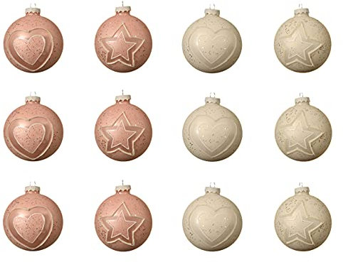 Kaemingk Weihnachtskugeln mit Motiven Glas 8cm x 12 Stück Herzen Sterne Christbaumkugeln rosa weiß