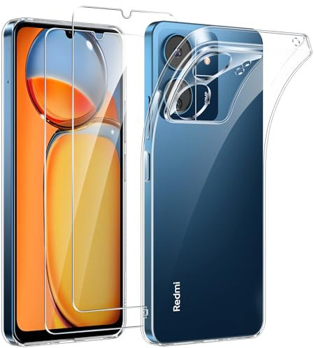 Phoona Coque pour Xiaomi Redmi 13C/Poco C65 avec 2 Pièces Protection Écran en Verre Trempé,Ultra Transparente Silicone en Gel TPU Souple pour Redmi 13C 4G Couqe,Antichoc Anti-Jaune Etui Bumper