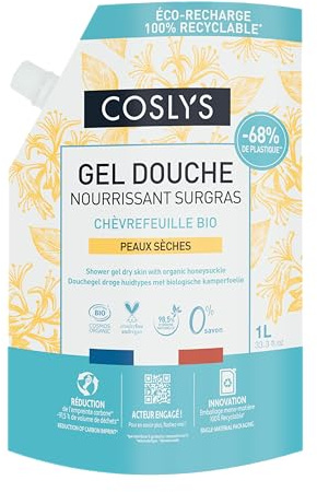 Gel douche peaux sèches chèvrefeuille bio (Recharge 1L) - Coslys - Beauté et hygiène - Hygiène - Gels douche