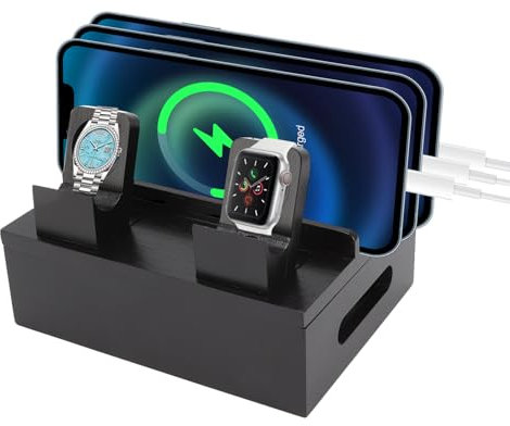 Holz Ladestation, Desktop Dockingstation für Mehrere Geräte mit 5 Ports Ladestation Rack für Telefone, Tablets, Uhren, Elektronik(Schwarz)