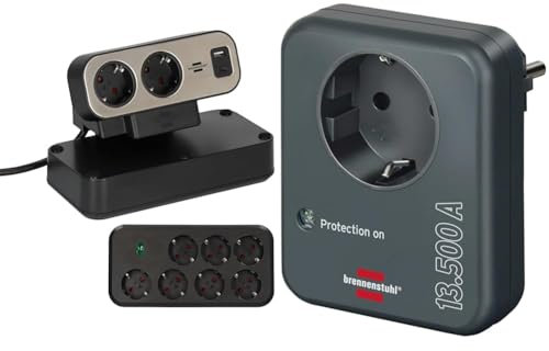 brennenstuhl®estilo Duplex Tischsteckdosenleiste mit Schalter und Überspannungsschutz & Steckdosenadapter mit Überspannungsschutz 13.500 A (Adapter als Blitzschutz für Elektrogeräte) anthrazit