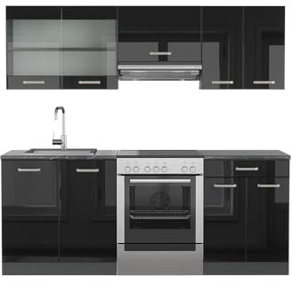 Vicco Küchenzeile R-Line, Schwarz Hochglanz/Anthrazit, 200 cm, AP Anthrazit