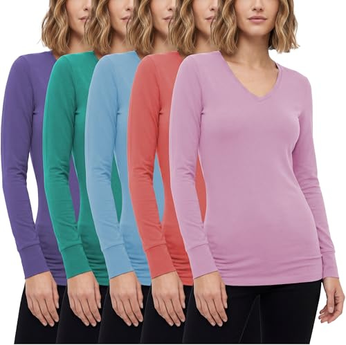 Sexy Basics Damen-T-Shirt, Baumwoll-Stretch, langärmelig, V-Ausschnitt, sportlich, legere und aktive Farben, Multipacks