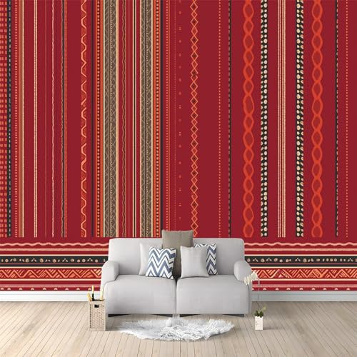 Art Fototapete Bohemian-Streifen Rot 200x140 cm Vlies Tapeten Moderne Wandtapete Wohnzimmer Schlafzimmer, 3D Effekt Vliestapete Kinderzimmer Wanddeko UV-Beständig