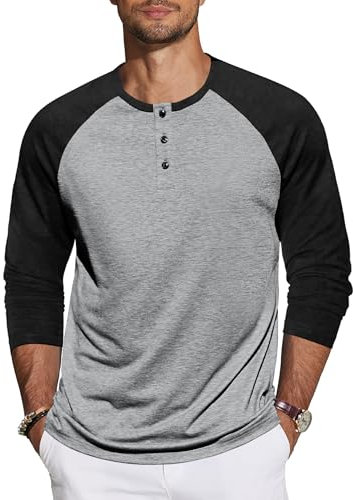 TARAINYA Longsleeve Herren Henley T-Shirt für Männer Langarmshirt Pullover mit Knopfleiste Dunkelgrau Schwarz L