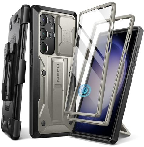 TONGATE, Custodia per Samsung Galaxy S23 Ultra, copertura per fotocamera integrata e protezione schermo, 2 telai anteriori, antiurto militare, con cavalletto e clip per cintura, 6,8”, grigio titanio