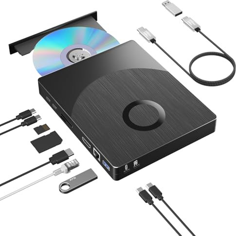 8 in 1 External Blueray/DVD Drive for PC, External CD/DVD Drive for Laptop Support 100G Disc 3D, Bluray Burner with HDMI/LAN/USB 3.0/Type-C/SD/TF Port, Blu-ray Player for Windows XP/7/8/10/11 MacOS