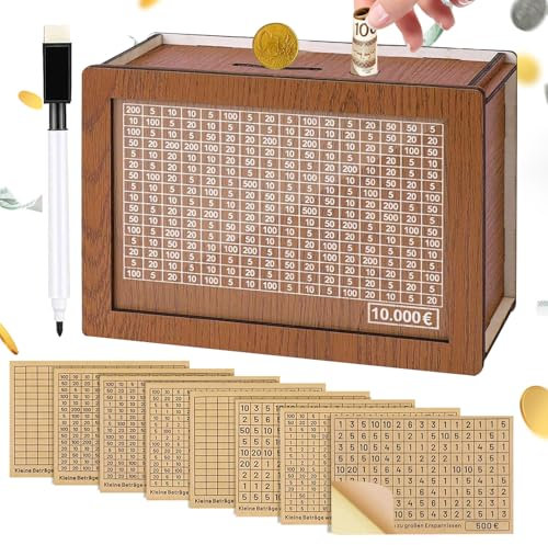 Spardose Aus Holz,Sparbox,Retro Sparbüchse Aufbewahrungsbox Mit Acryl Und Aufklebern,Wiederverwendbare Spardose Mit Sparziel,Holz Geldbank Für Kinder (B)