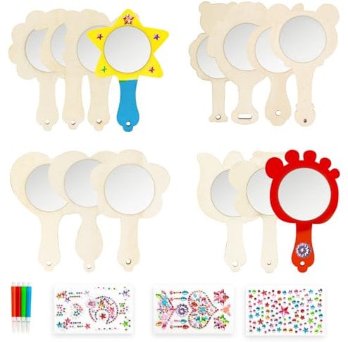 WYTNB 14 Stück DIY Holzspiegel Handwerk, Kreativ Spiegel Holz Basteln, Kinderspiegel zum Bemalen mit Farbstiften Diamant Aufklebern, Spielzeug Handgefertigter Handspiegel für Eltern Kind Aktivitäten