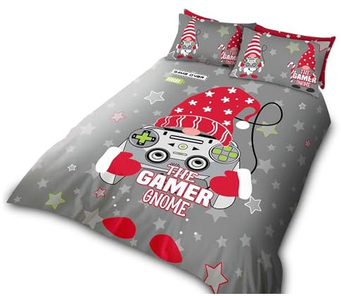 VELVETIO Gonkmas Gamer Duvet Cover Set with Pillowcases, Printed Christmas Bedding Bedset Double, Reversible Xmas Gaming Controller Comforter Quilt, Multi