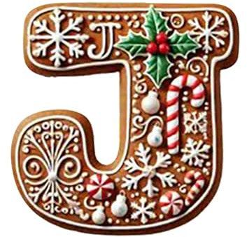 26 Lebkuchen-Alphabet-Ornamente für den Weihnachtsbaum, Buchstaben Weihnachtsbaumschmuck Anhänger, Zuckerstangen-Anhänger mit Anfangsbuchstaben und Beerenmuster (J)