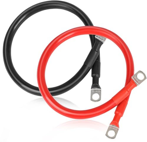 SWAWIS 2 Piezas Cable Bateria Coche M8 50cm Cable 35mm² Cable de Batería 12V/24V con Terminales de Anillo para Solar Moto Cable de Batería de Coche a Tierra, Negro + Rojo