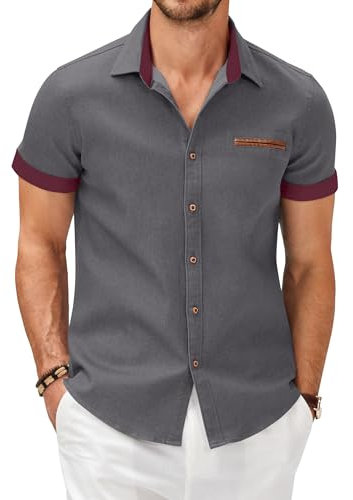 COOFANDY Shirts Mens Short Sleeve Summer Denim Business Casual Dress Shirt Cotton Designer Non Iron Shirt Cowboy Western Button Down Work Shirts Dark Gray A XL