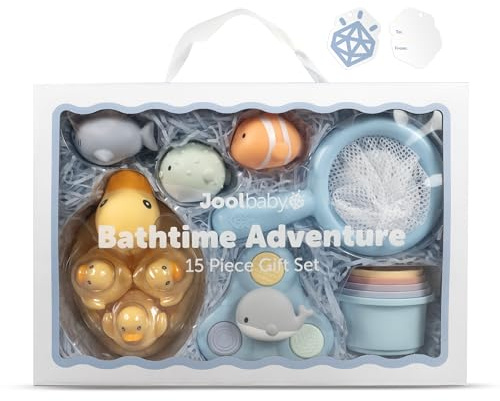 Jool Baby 15-Piece Bathtub Toys Gift Set – Bath Squirts, Rubber Ducks, Whale Fidget Spinner Toy – Bath Toy Storage Organizer Included