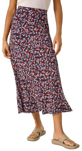 Roman Originals Jersey Skirt for Women UK - Ladies Midi Maxi Floral Animal Print Autumn Winter Swing Smart Casual Work Office Cocktail Party Going Out Evening Holiday Cruise - Navy Red - Size 16