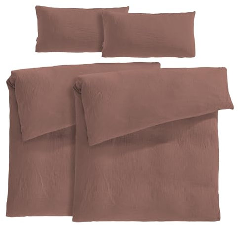 Pure Label Musselin Bettwäsche 135x200 4 teilig bestehend aus Bettbezug 135 x 200 cm 2er Set + Kissenbezug 40x80 cm 2er Set aus Baumwolle - Traumhaft kuschelige Bettwäsche-Sets in braun