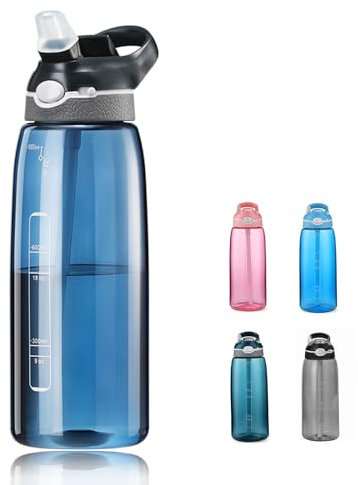 SHELFLOVER 1000ml Dark Blue Water Bottle With Straw, BPA FREE Clear Bottle With Handle One Hand Use Easy Carried, Flip Up, Suit School, Office, Gym, Office For Men Boys