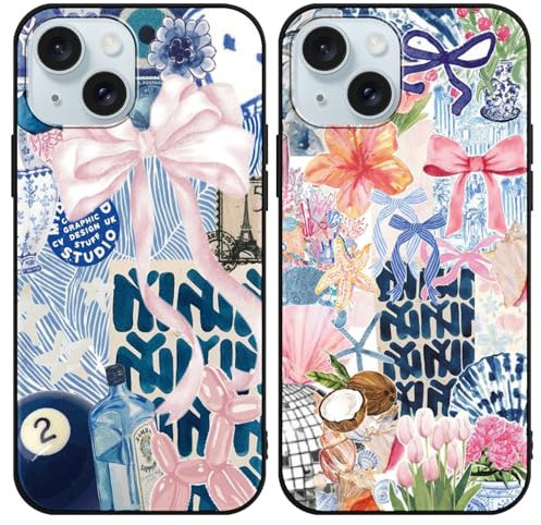 Phoona 2 Pack Cute Bow Case for iPhone 15 6.1, European Collage Preppy Summer Girly Design Pattern for Girls Women, Slim Soft Silicone Shockproof Bumper Protector Cover, Blue 01